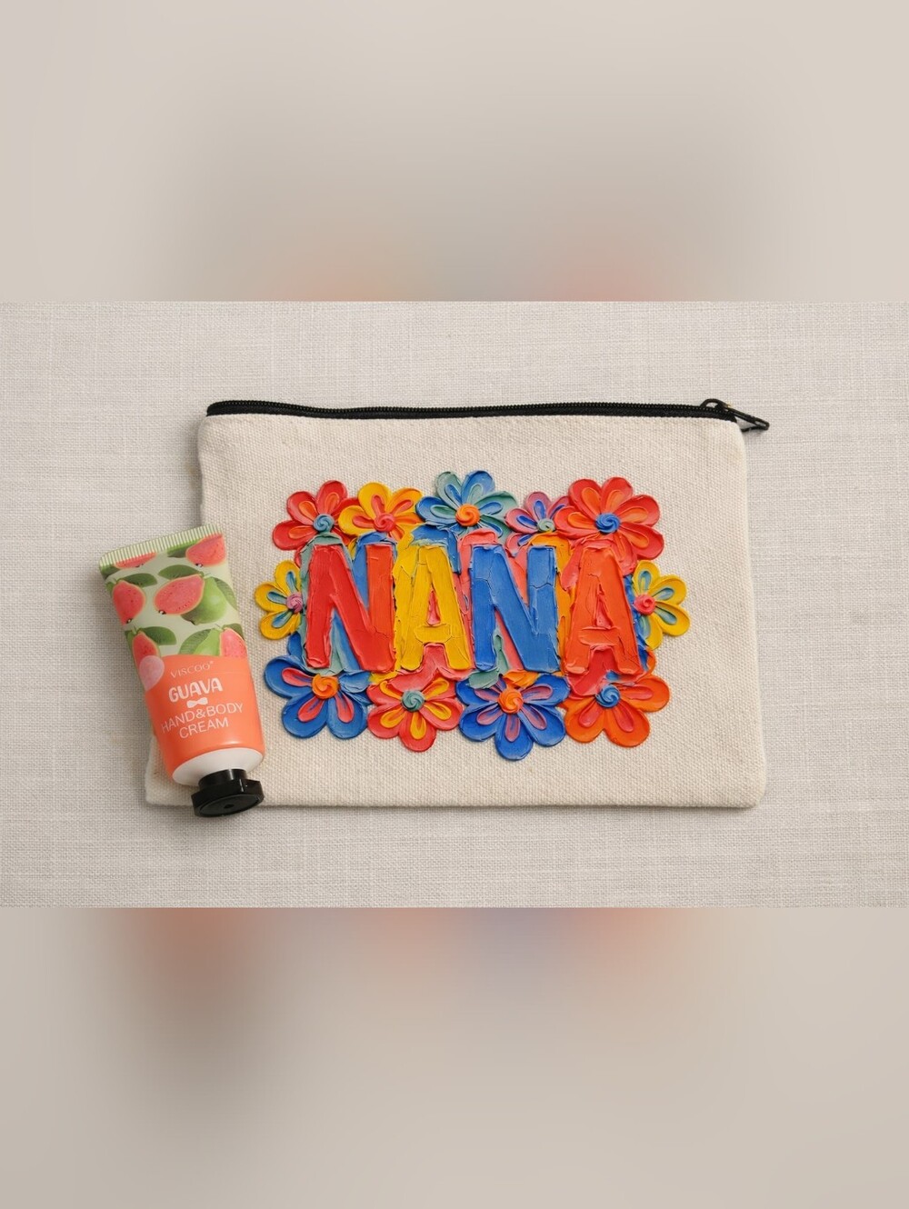 Handmade 'NANA' Colorful Floral Makeup Bag And A Guava Lotion